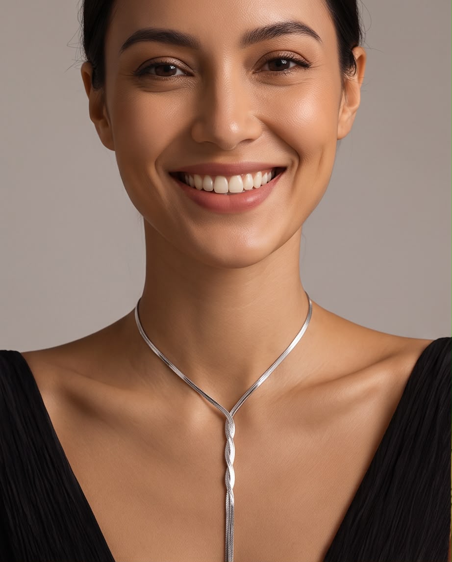 Collar Adna Plateado - modelo con cadena herringbone trenzada en Y
